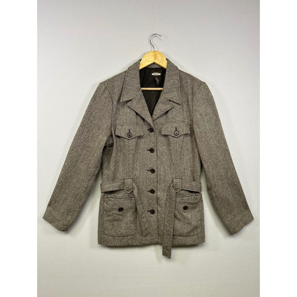 Dark Academia Old Navy Womens Large Brown Herringbone Wool Blend Belted Jacket